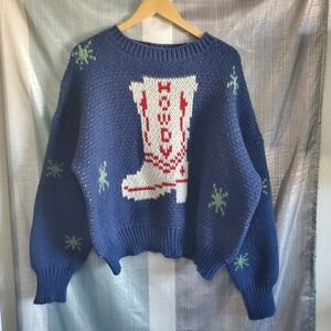 Bailey Rose Blue Cowboy Boot Howdy Chunky Knit Sweater Western Woman M